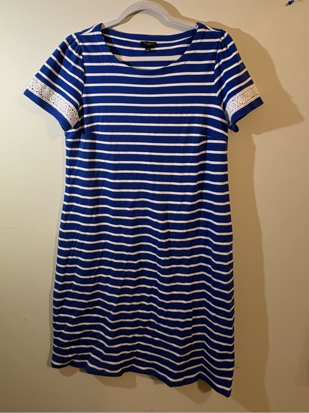 Talbots cotton lace trim shift dress women’s Medium petite blue white stripe